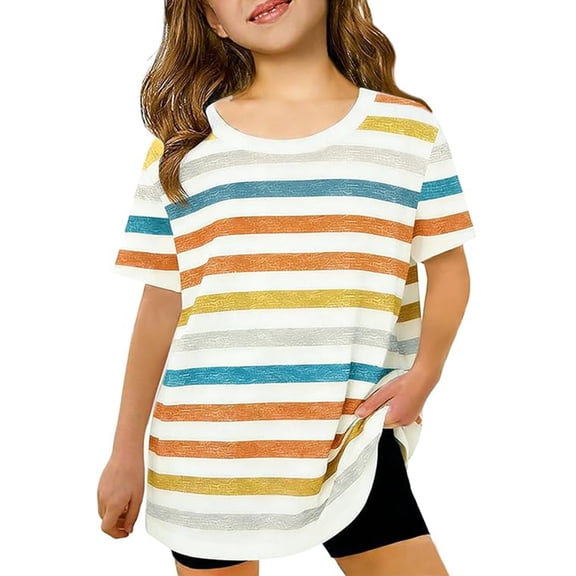 Girls T Shirts Loose Fit Drop Shoulder Breathable Stripes Print Crew Neck Short Sleeve Tee for Daily Wear Girls Tops Beige 1 Years-2 Years