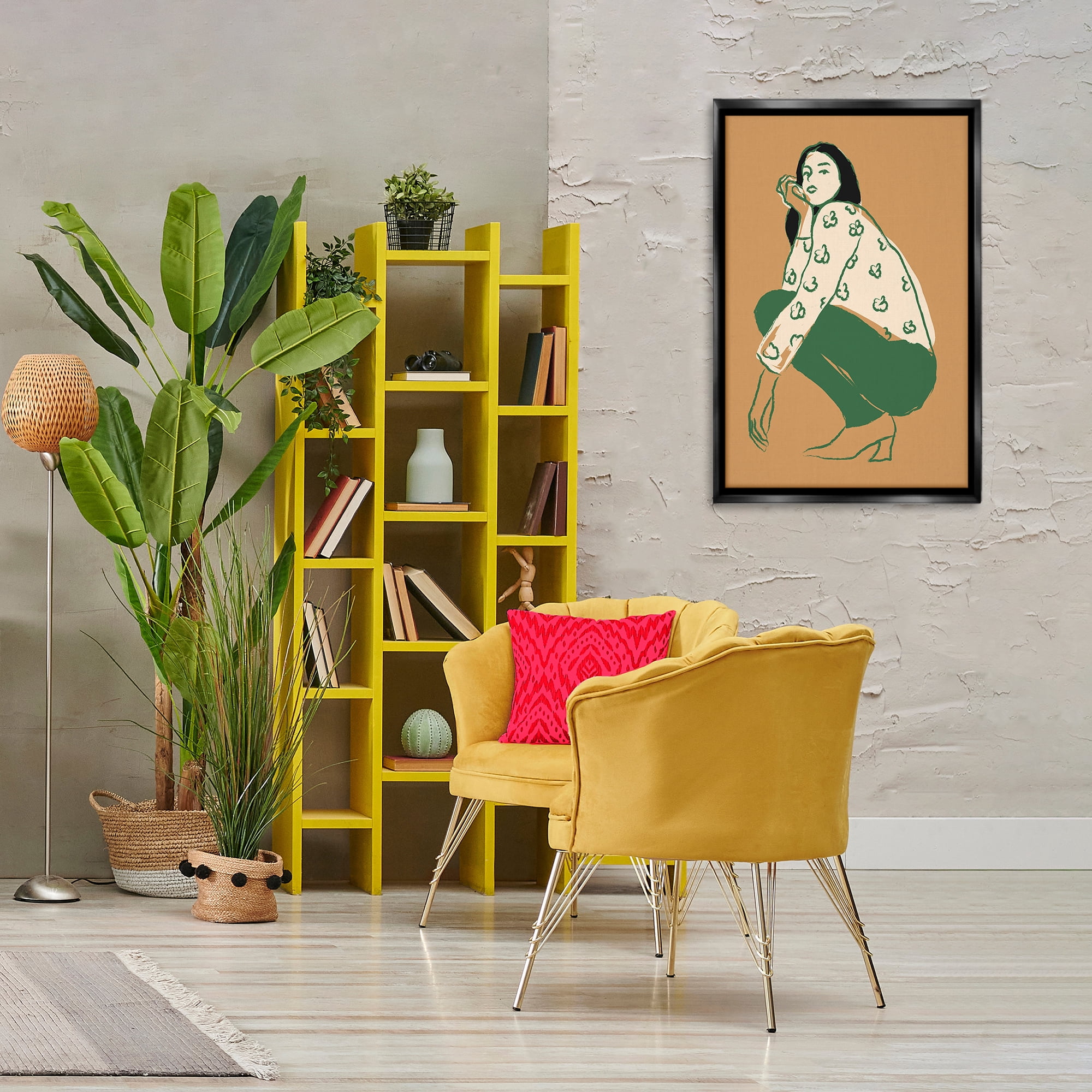 Stupell Industries Fashion Girl Kneeling Novelty Painting Black Floater Framed Art Print Wall Art, 21 x 31