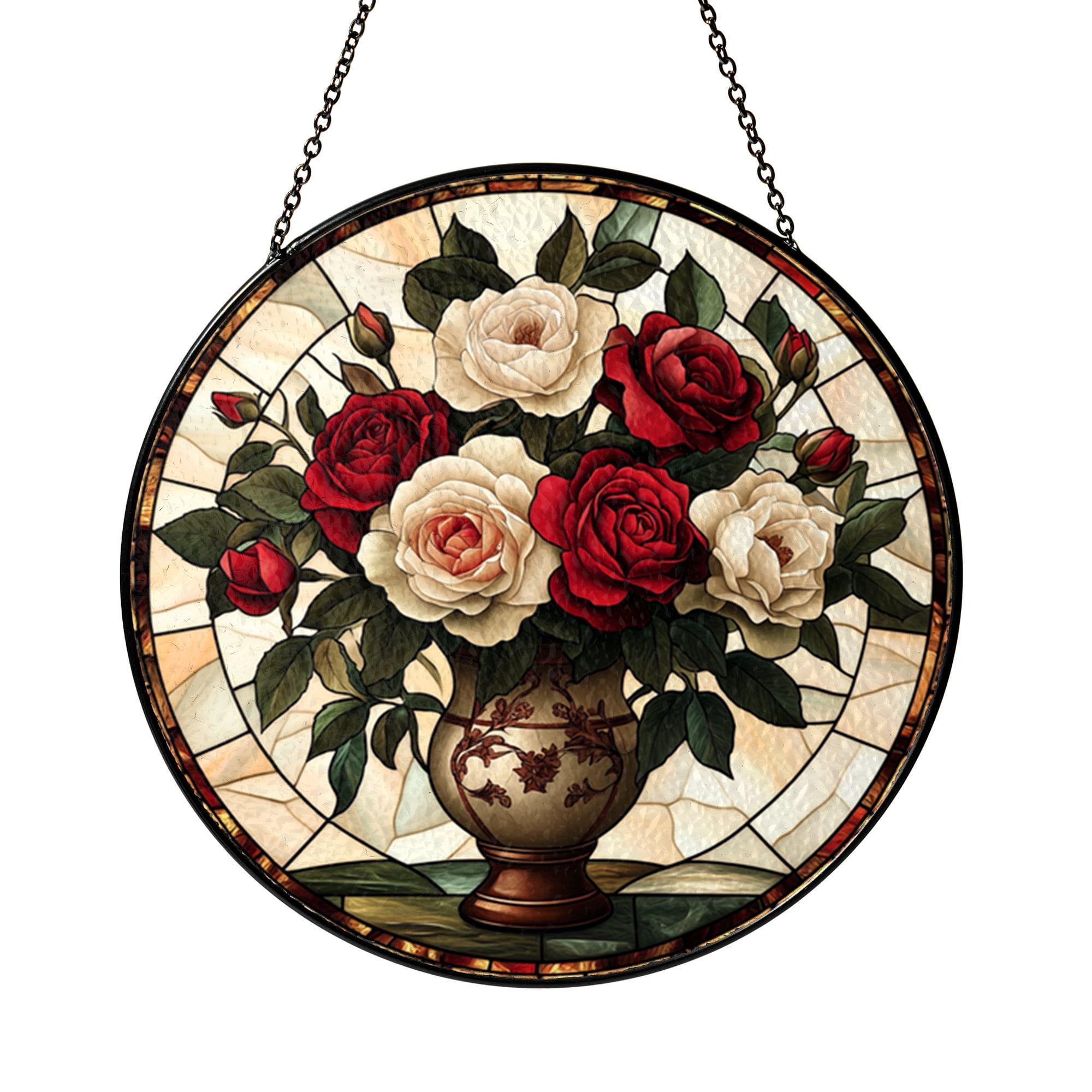 Rose Bouquet Vase Glass Suncatcher Window Decor Classic Floral Artwork Timeless Botanical Ornament for Any Room
