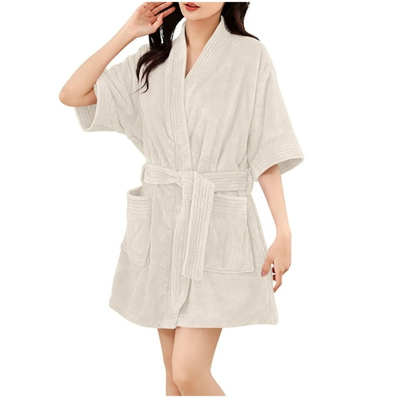 Fengactive Women's Short Sleeve Plush Robe - Cozy Warm Short Bathrobe Soft Nightgown Sleepwear with Pockets