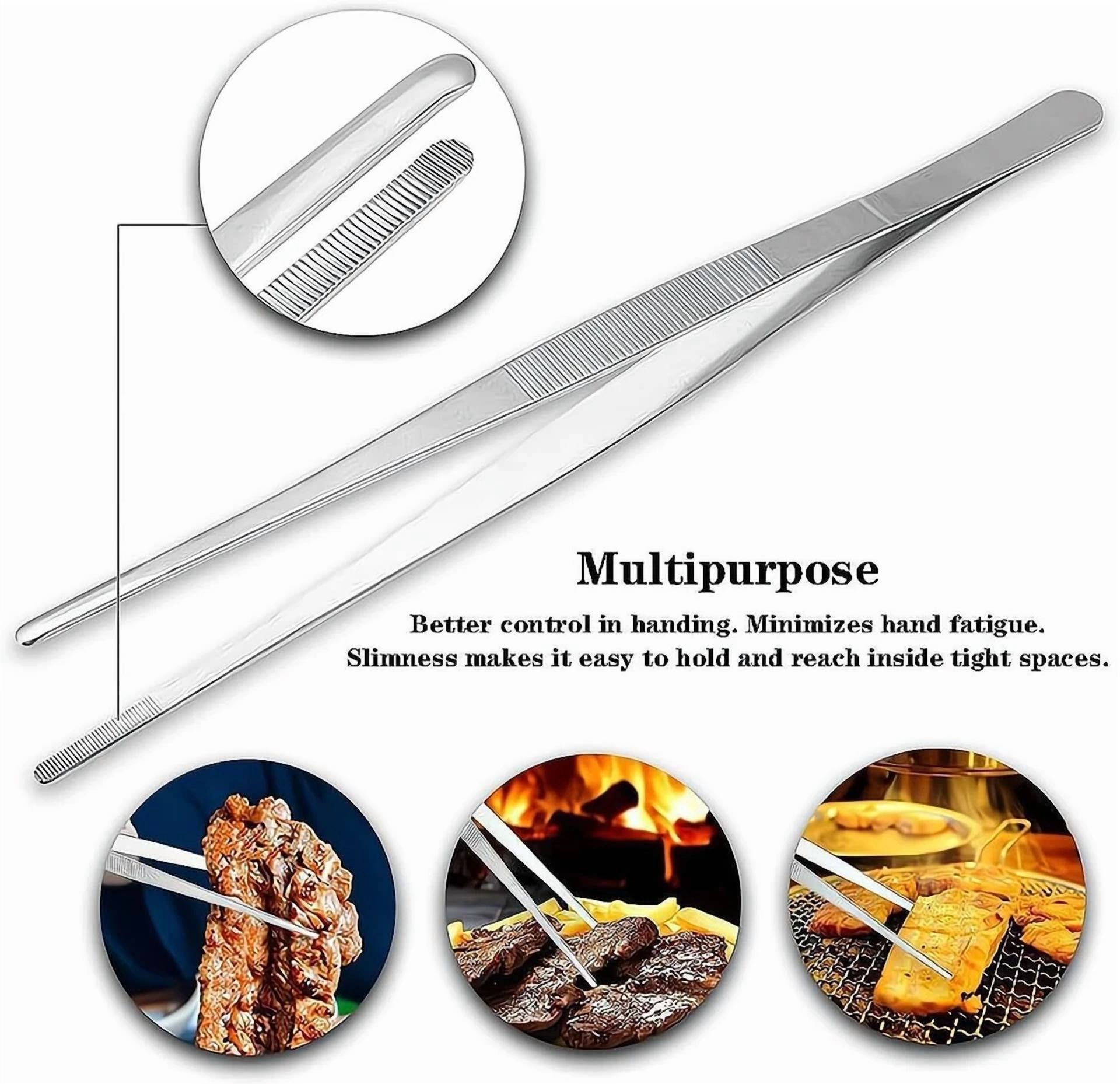 CRESTIN- 2Pcs Stainless Steel Kitchen Tweezers, 10-Inch Culinary Fine Tweezer Tongs Food