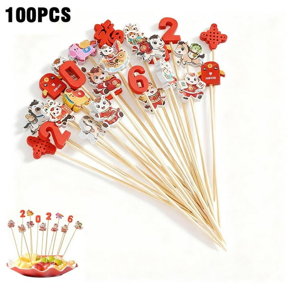 100Pack Year of the Horse Fruit Bamboo Skewers,4.7In Holiday Appetiser Toothpicks with 10 Festive Designs for New Year Party Drinks,Charcuterie & Fruit Skewers,Christmas Decoration Supplies