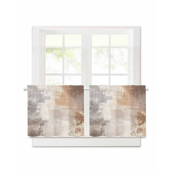 Brown Grey Retro Oil Paint Short Blackout Curtains 30Inch Long Watercolor Gradient Rod Pocket Kitchen Curtains, 2 Panels Thermal Insulated Room Darkening Drapes for Bedroom, 30"W x 30"L