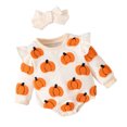 thumbnail image 2 of YWIYIUD InfantBaby Girl Clothes Soft Ruffle Long Sleeve Pumpkin Sweatshirt Bubble Romper Fall Halloween Outfit Set Crew Neck Jumpsuit with Bow Headband Toddler Girl Fall Clothing 3-6 Months, 2 of 8