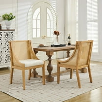 Rattan Dining Chairs, Solid Wood Frame with Decorative Armrests, Linen Upholstered Seat, Rustic Wooden Style Side Chairs for Kitchen, Dining Room, Living Room, Natural Finish, Beige, Single Pack