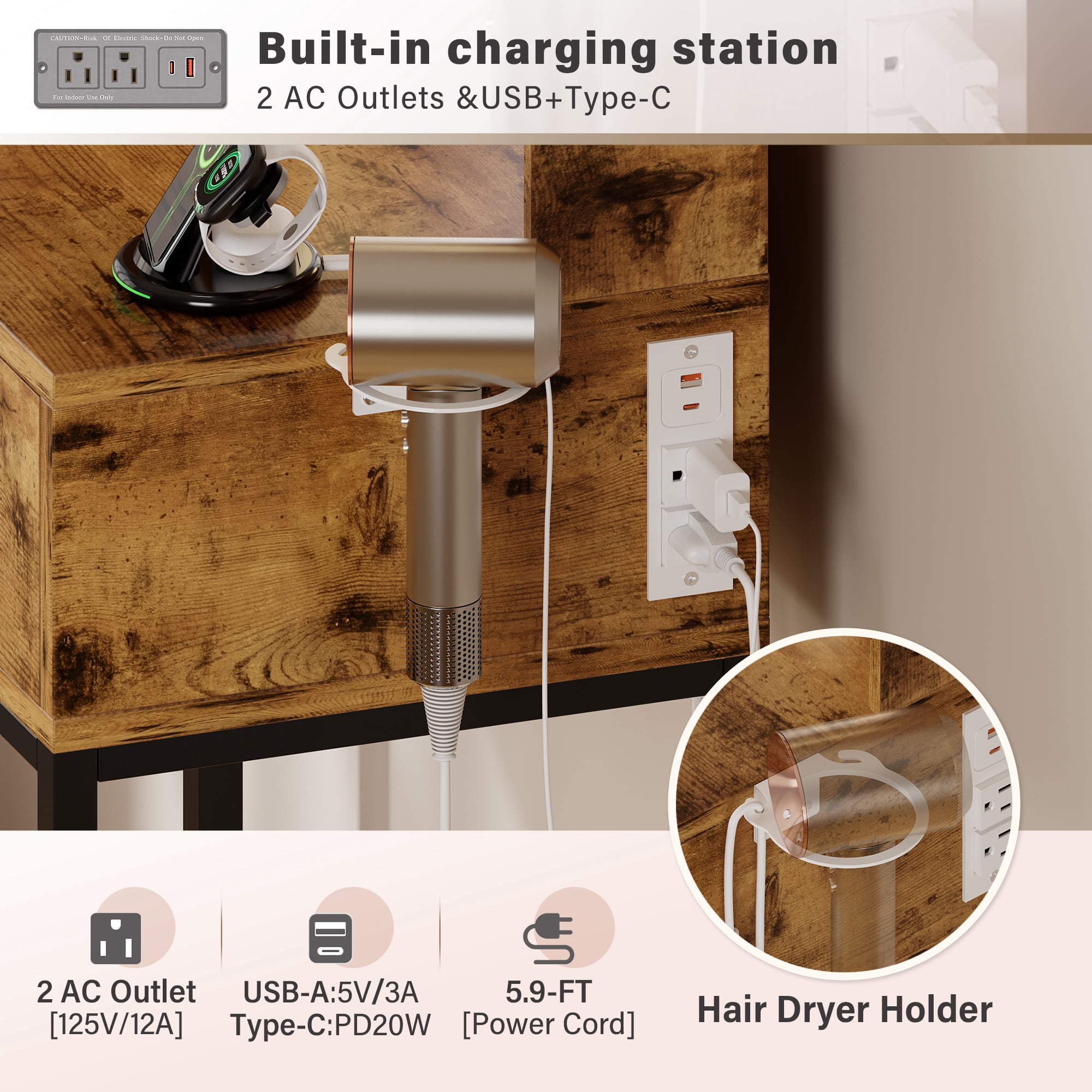 Homall Vanity Desk with Mirror, Power Outlet & LED Lights, Makeup Vanity Table with 2 Drawers & 4 Shelves, Dressing Table for Bedroom Dressing Room, Brown