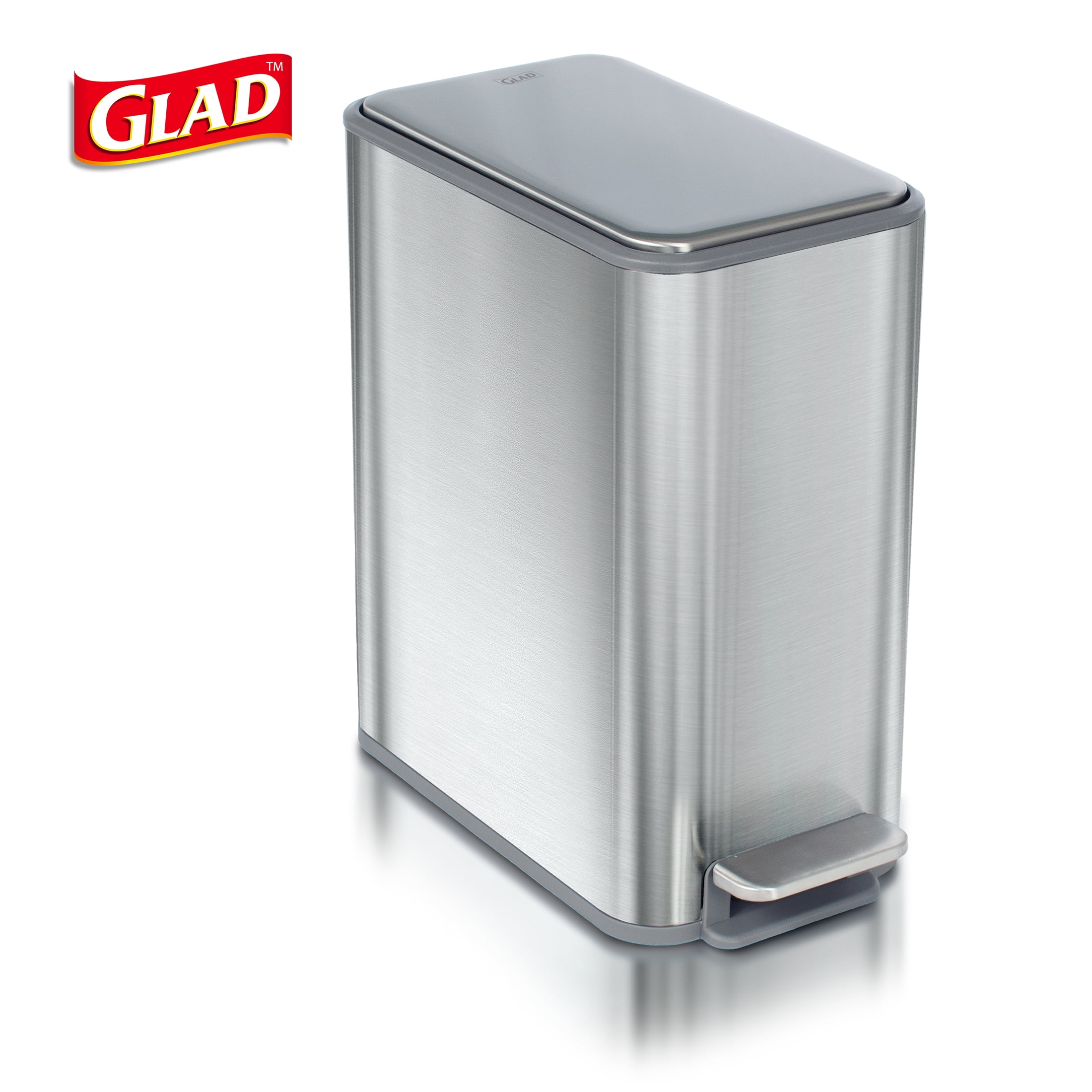 Glad 2.6 Gallon Slim Stainless Steel Step Garbage Bin with Odor Control- Silver