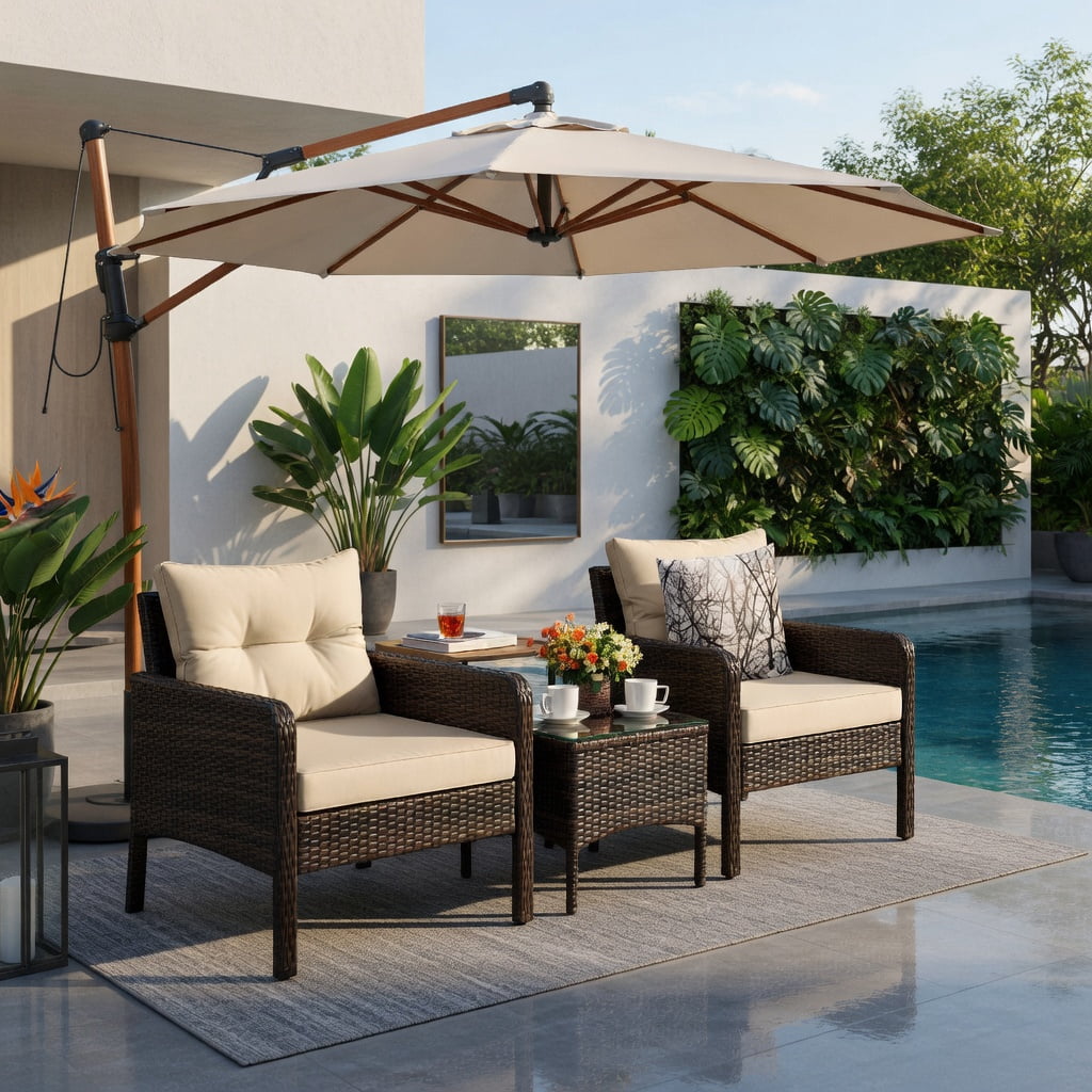 Hommoo 3-Piece Outdoor Wicker Patio Conversation Set with Plush Seat & Back Cushions, PE Rattan Chairs + Tempered Glass Coffee Table, Brown