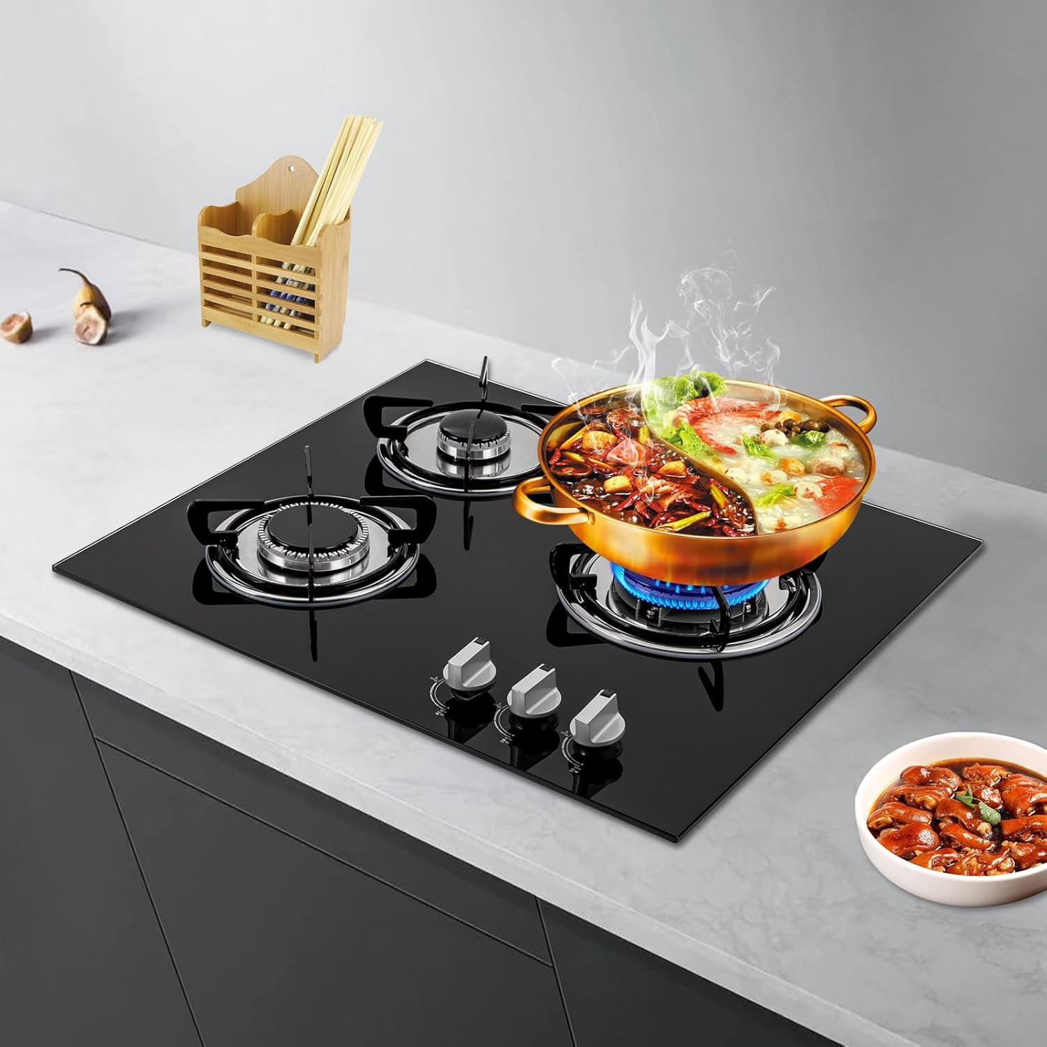 23.2" Built-in Gas Cooktop 3 Burner Stovetop With Thermocouple Protection Portable Countertop Cooker for RV Camper Caravan Outdoor Apartments (Black Tempered Glass)