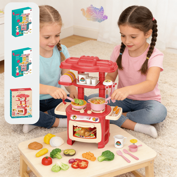 Kids Pretend Kitchen Playset with Oven and Cookware, Simulation Cooking Station with Pots, Pans and Play Vegetables, Kitchen Pretend Play House Toys, Chef Role Play Toy for Kids Ages 3 and Up