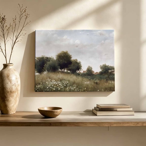 Meadow Field Canvas Wall Art, Rustic Farmhouse Green Trees Cloud Sky Landscape Wall Art Prints Artwork Framed Canvas Ready to Hang Art Pictures for Large Dining Living Room Hallway 36" x 24"
