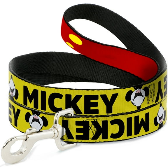 Disney Pet Leash, Dog Leash, Mickey Smiling Up Pose Flip Buttons Yellow Black Red, 4 Feet Long 0.5 Inch Wide