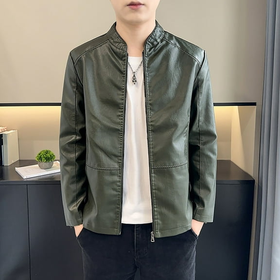 Maoxin Men's Jacket Men's Stand Up Collar Business Casual Leather Jacket Zipper Cardigan Jacket Plus Size Jackets for Men Army Green 4XL