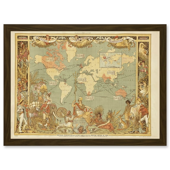Maps British Empire 1886 Imperial Illustrated People World A4 Artwork Framed Wall Art Print