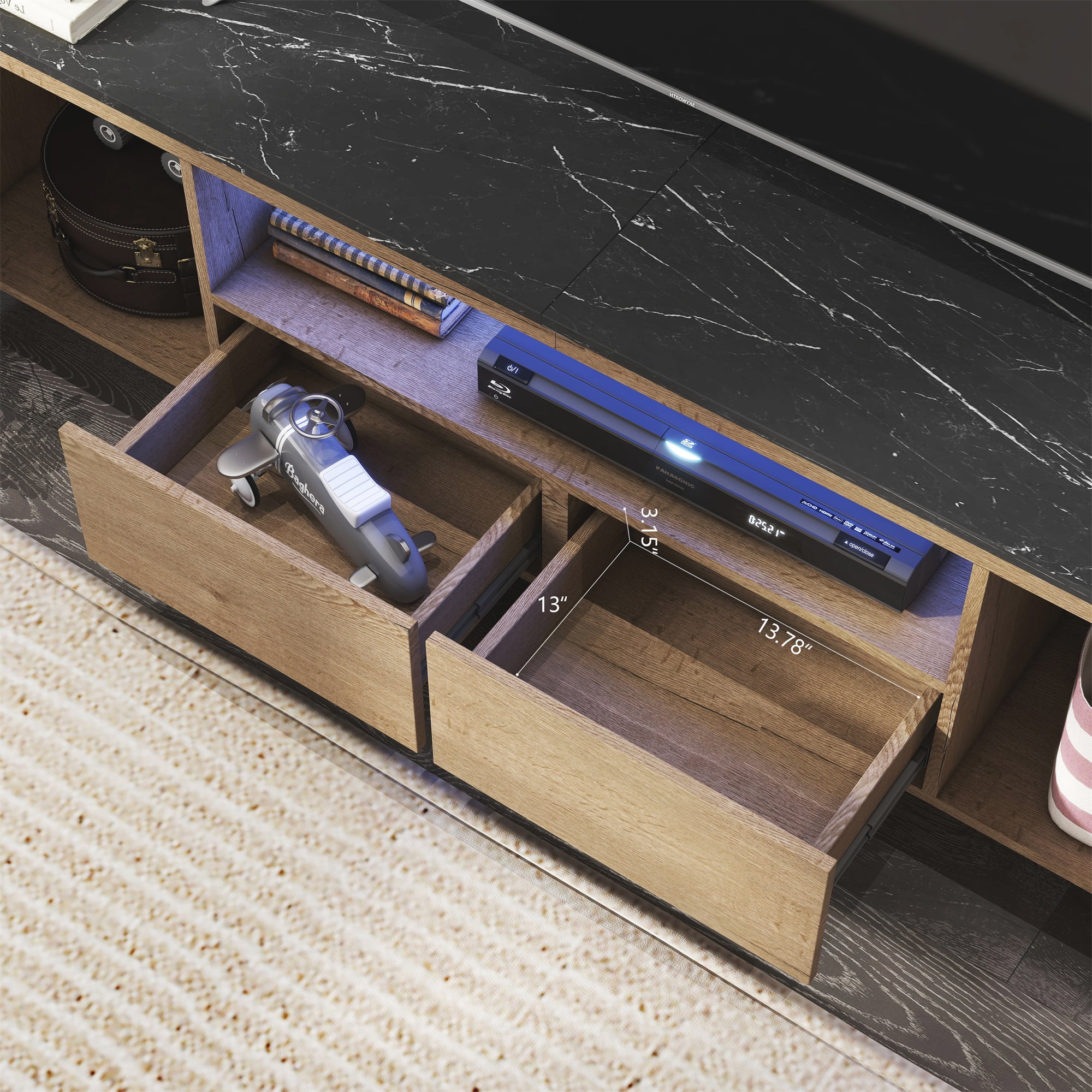 Kadyn Modern TV stand with LED Lights and Storage, TV Console for Up to 80 inch, Entertainment Center, Natural and White