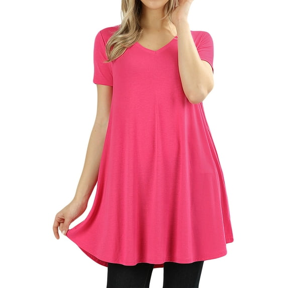 Women V-neck Short Sleeve Round Hem Flowy A-Line Tunic Top with Side Pockets