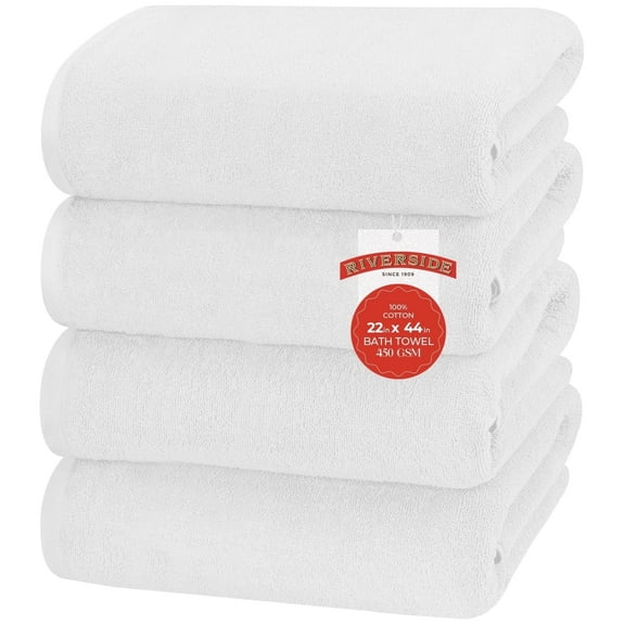 RIVERSIDE Cotton Bath Towels 22 x 44 Set of 4 Soft 450 GSM Quick Dry and Lightweight for Bathroom Spa - White