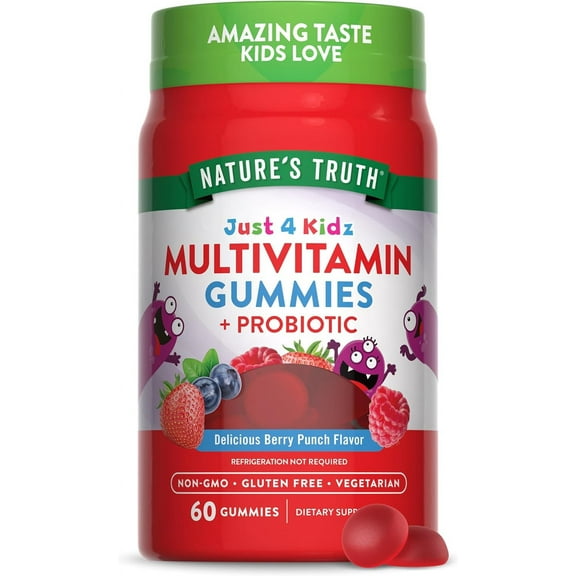 Kids Multivitamin Gummies with Probiotics | 60 Count | Vitamin C, D3 & Zinc | Berry Punch Flavor | by Nature's Truth