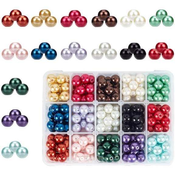 225pcs 15 Color Glass Pearl Beads 10mm Dyed Round Beads Satin Loose Luster Imitation Pearl Beads for Making Earring Necklaces Bracelets and Jewelry DIY Craft Hole: 1mm DIY