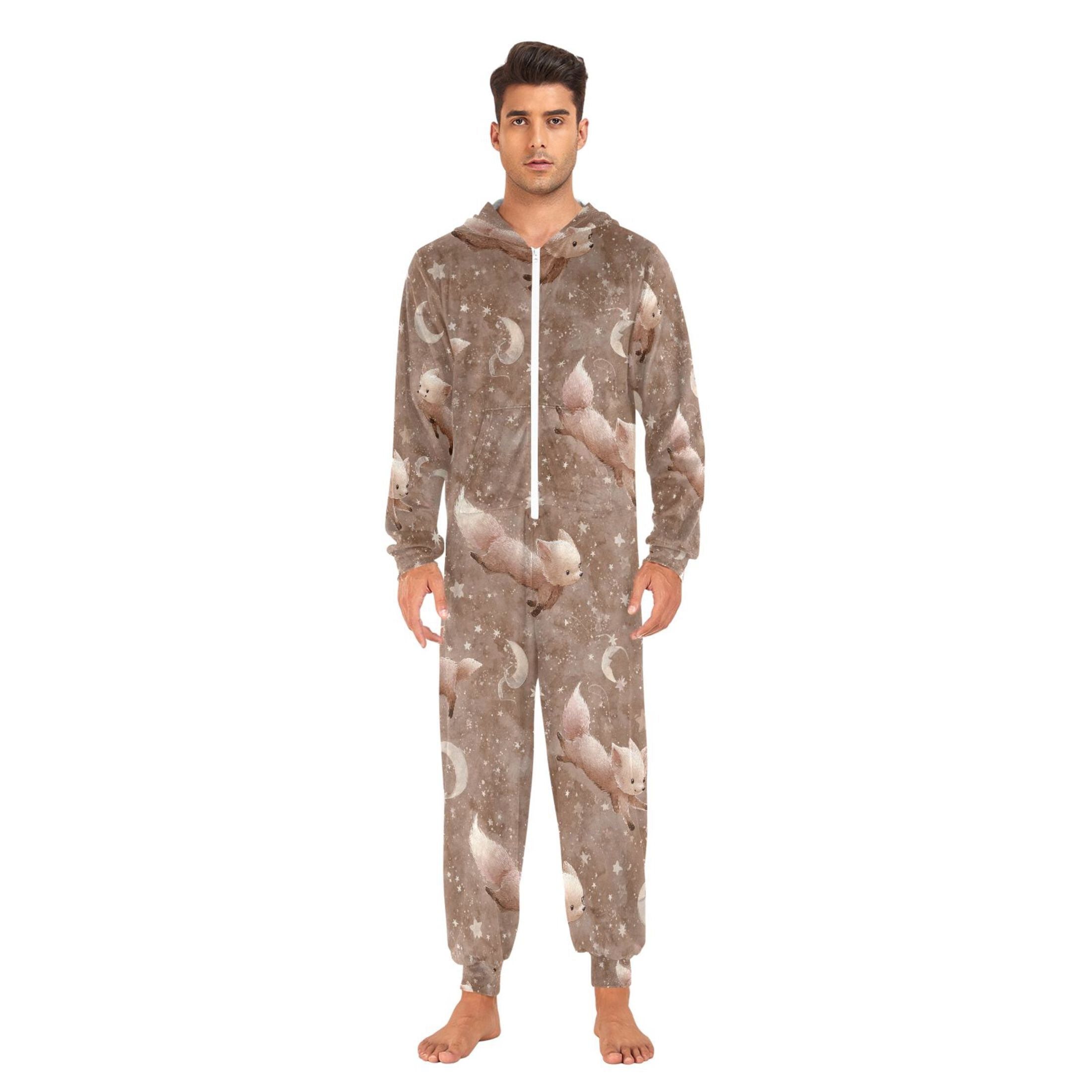 Adult Christmas Onesie Jumping Little Fox Adult Zipper One-Piece Pajamas Unisex Pajamas with Pockets