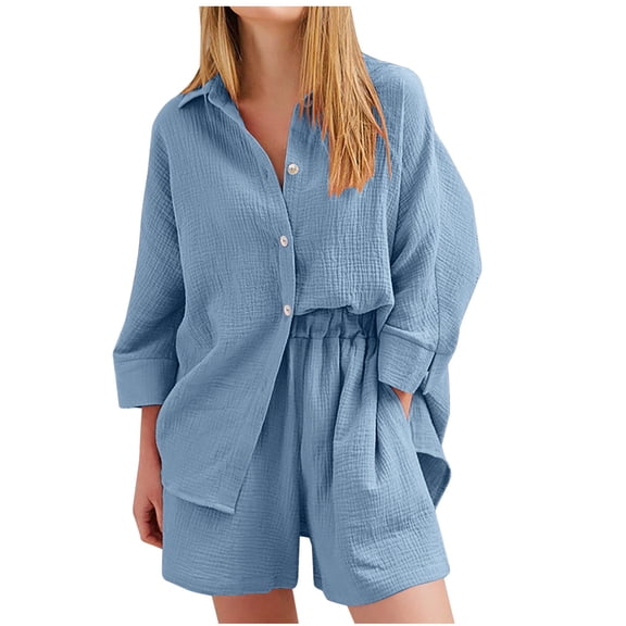 Atogsazn Two Piece Linen Sets for Women Long Sleeve Lounge Set Button Down Shirts and Casual Shorts with Pockets Tracksuit Light Blue M