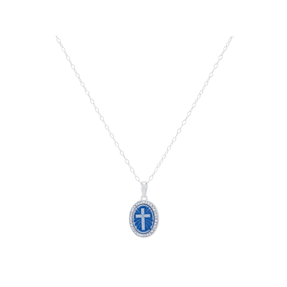Women's Finecraft Cross Cameo Pendant Necklace with Crystals in Sterling Silver, 18"