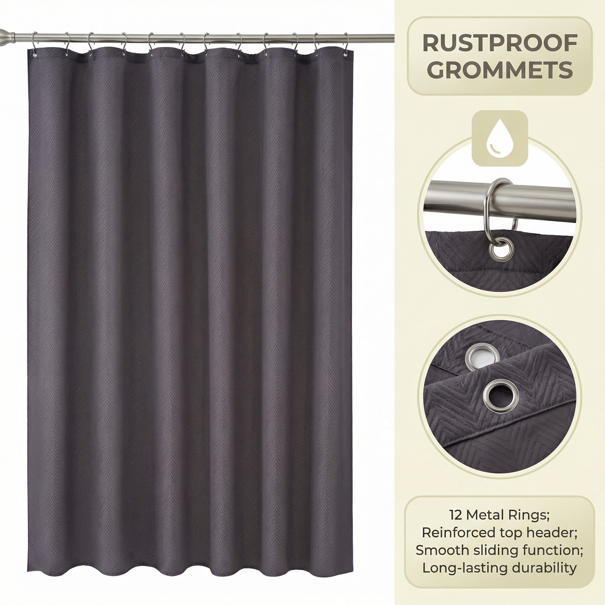 Unique Bargains Waterproof Fabric Shower Curtain Sets Grey - Herringbone 71"W x 71"L
