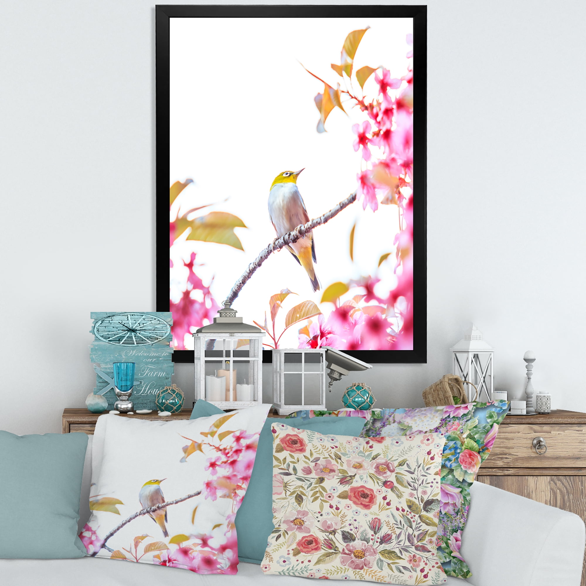 Designart 'Bird Sitting On Cherry Blossom' Traditional Framed Art Print