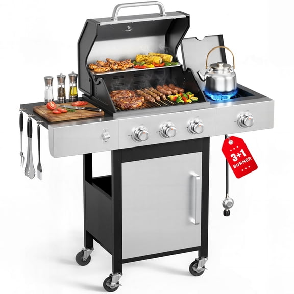 Furnibear 3 Burner Gas Grill with Side Burner, 40800 BTU Barbecue Grill Propane Stainless Steel BBQ Grill with Porcelain-Enameled Cast Iron Grates for Outdoor Cooking