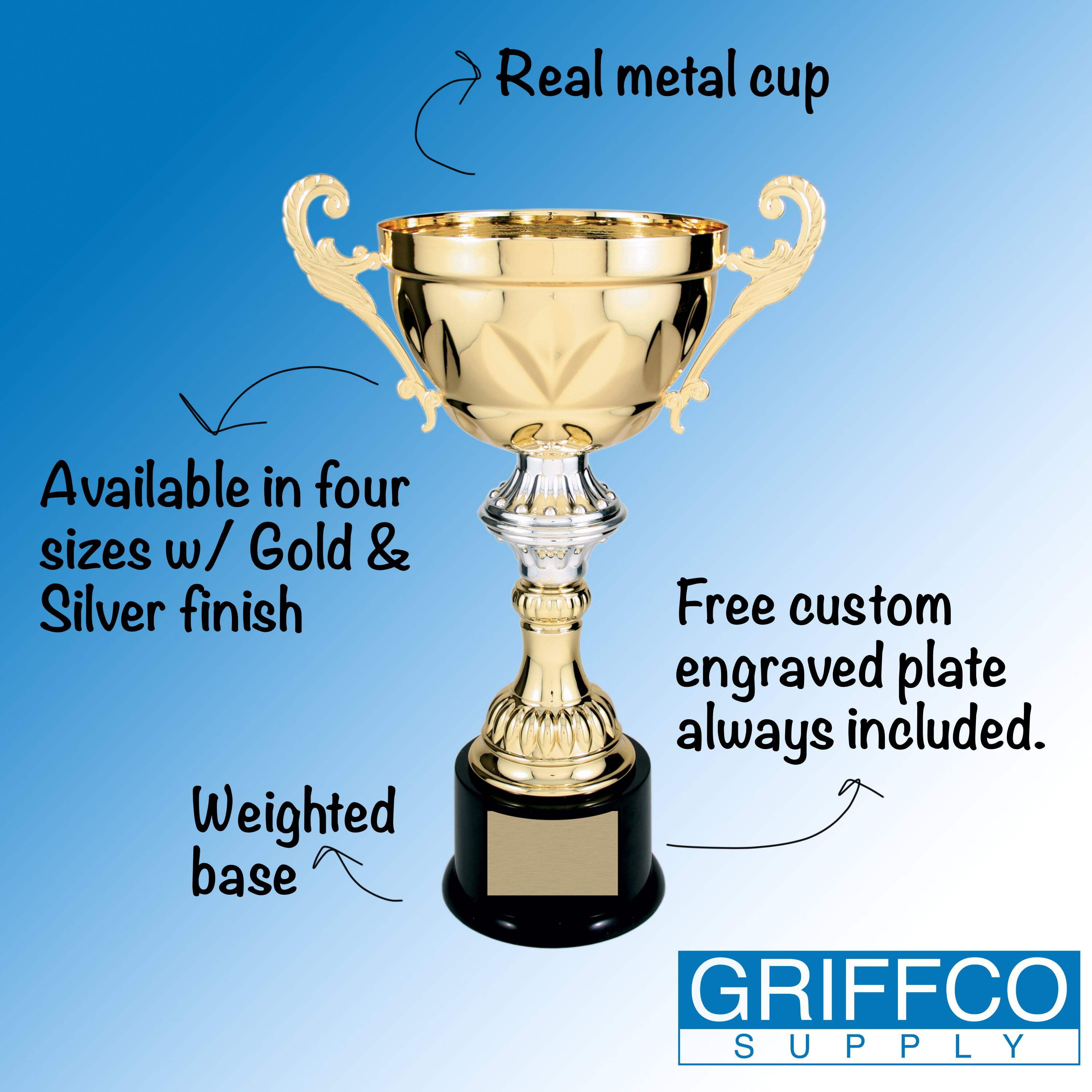 Metal Cup Trophy in Gold or Silver - Trophy Award, Engraved Corporate Trophy Cup Award (10", 11.5", 13" or 14.5" Tall) - Free Engraved Plate Included