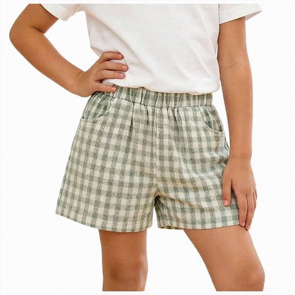 TOWED22 Girls Boys Plaid Shorts Kids Gingham Elastic Waist Wide Leg Short Pants with Pockets(Green,3-4 Y)