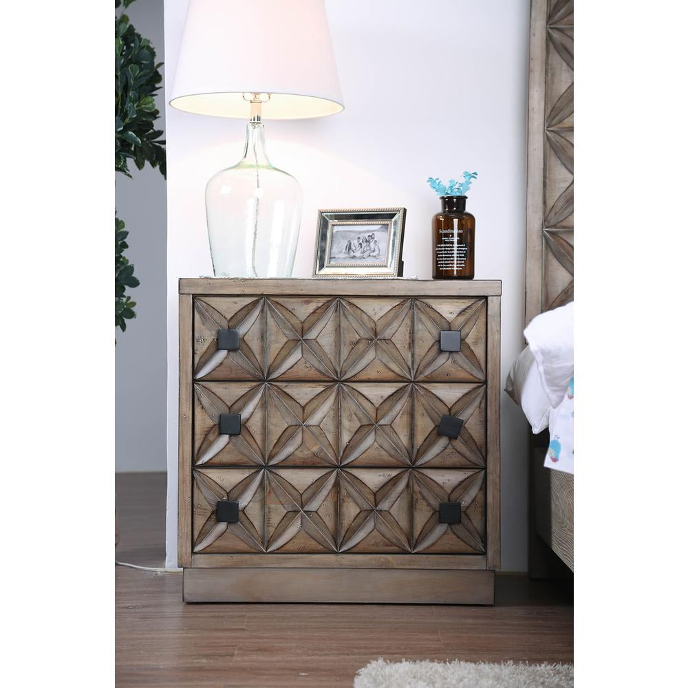 Transitional Wood Night Stand With Three Drawers, Weathered Light Oak Brown