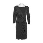 Catherine Malandrino Boat Neck ¾ Sleeve Draped Gathered Side Solid ITY Dress-BLACK / L