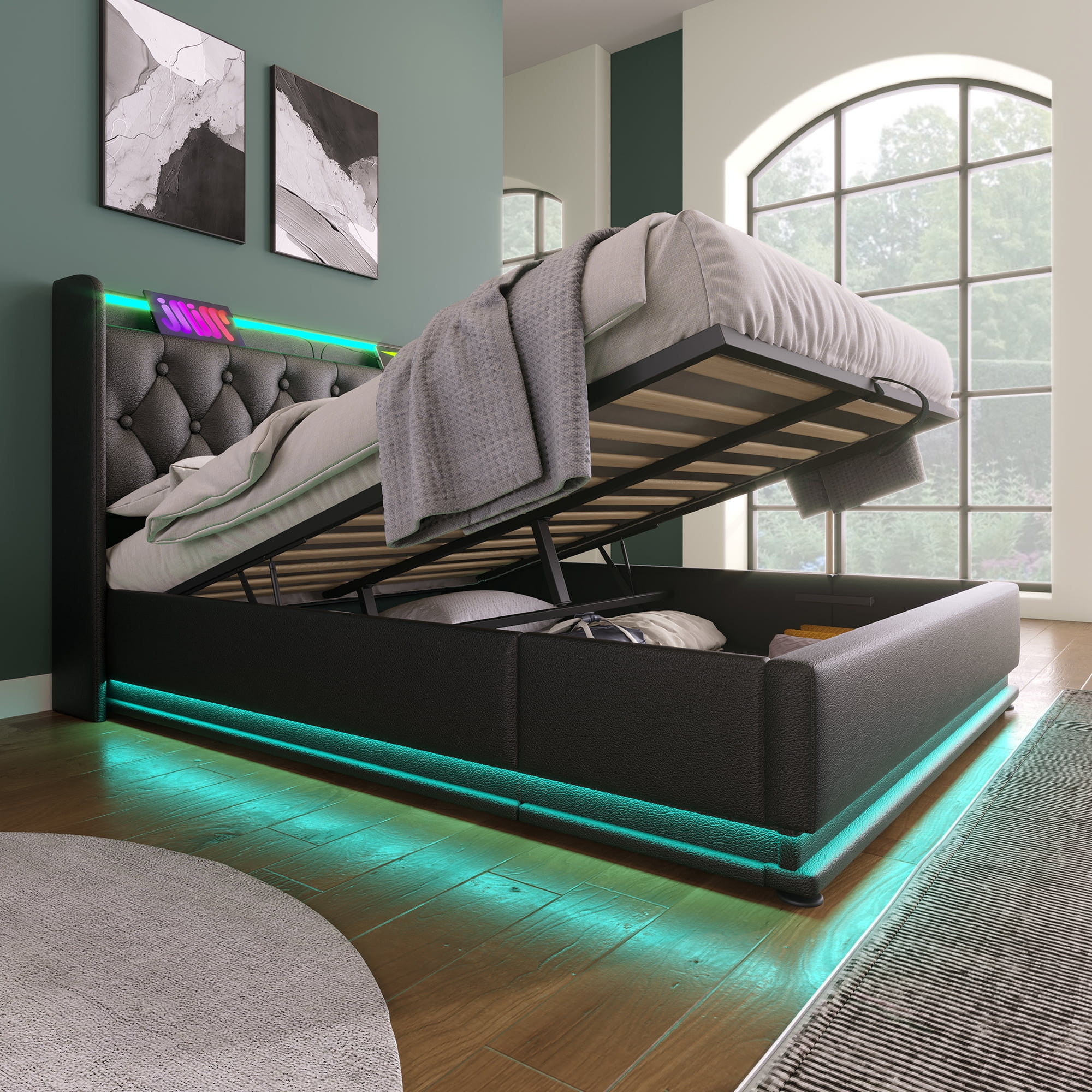 Euroco Upholstered Full Size Platform Bed with Hydraulic Storage, 360 Surround LED Light PU Bed with USB Charging for Kids Teens, Black