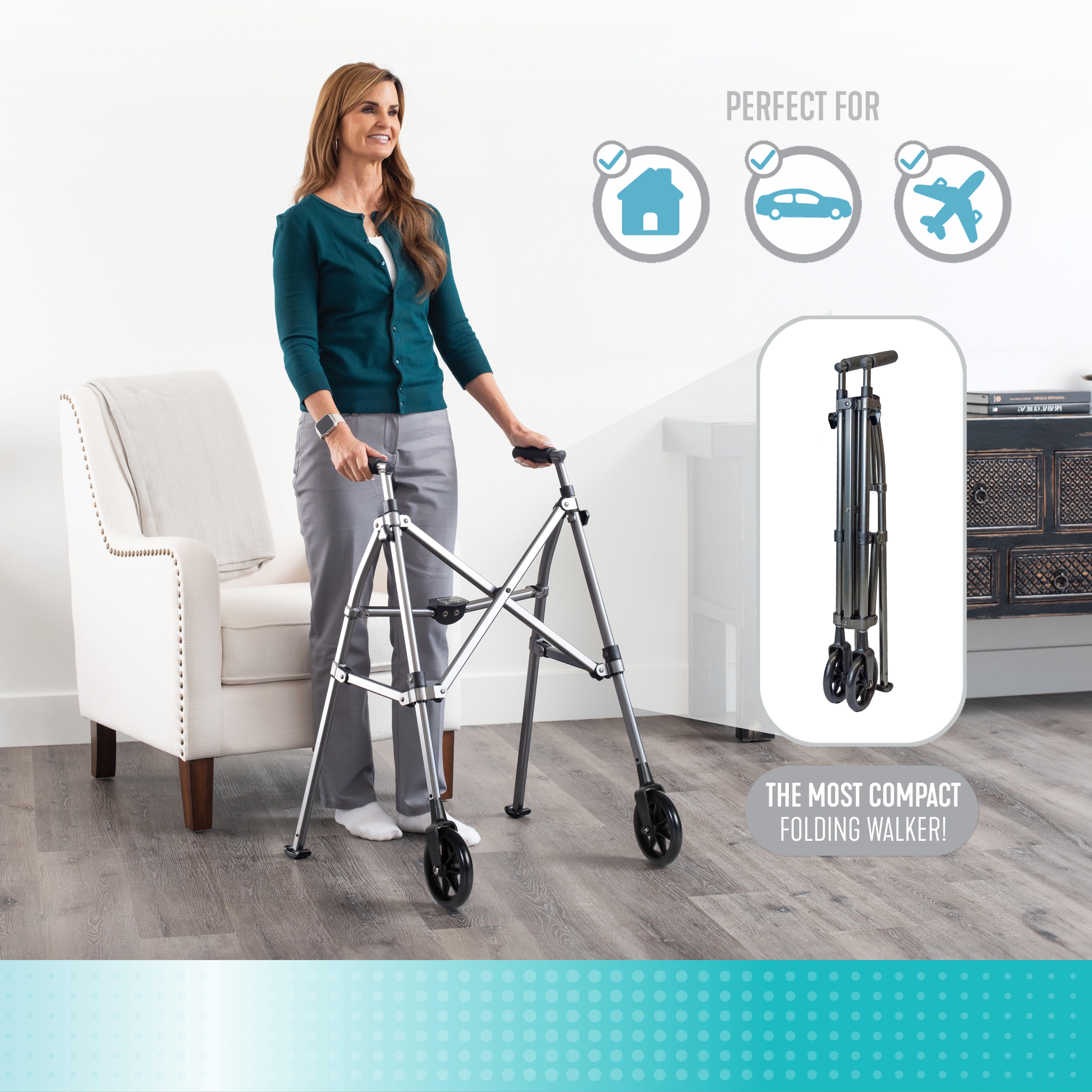 Stander Space Saver Walker, Lightweight Folding Walker for Seniors, Adult Walker with Wheels, Two Wheeled Rolling Walker with Rear Ski Glides, Desert Sand