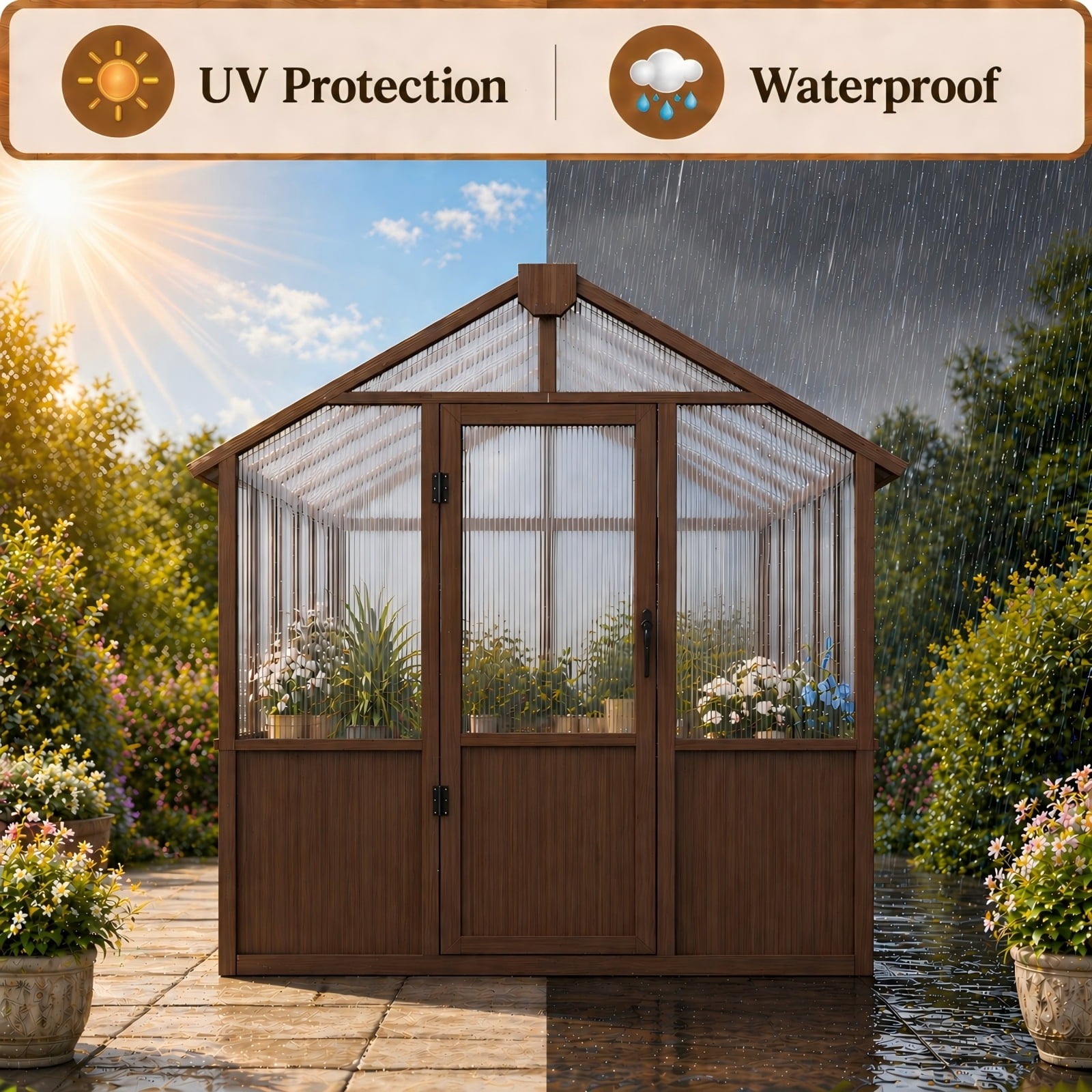 PABIMIA 8 ft. x 16 ft. Wood Greenhouse, Outdoor Walk-in Greenhouse Kit with Polycarbonate Panels and Adjustable Roof Vent