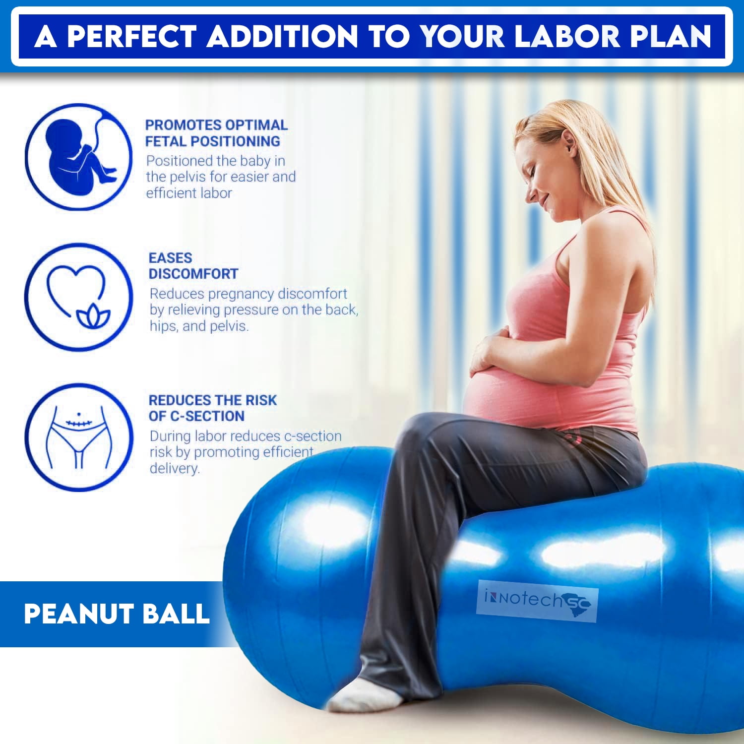 InnotechSC Peanut Ball – Anti-Burst Exercise Ball for Labor, Physical Therapy, Kids, Core Strength, Flexible Seating, Home & Gym Fitness, Sensory Chair Wiggle Seat (Includes Pump)- Blue