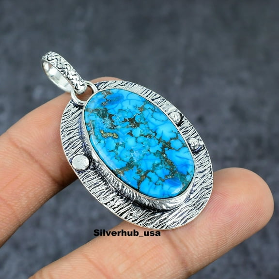 Adidev 30 Carat Tibetan Turquoise Gemstone Oval Shape BlueColor 925 Sterling Silver Plated Pendant for Women