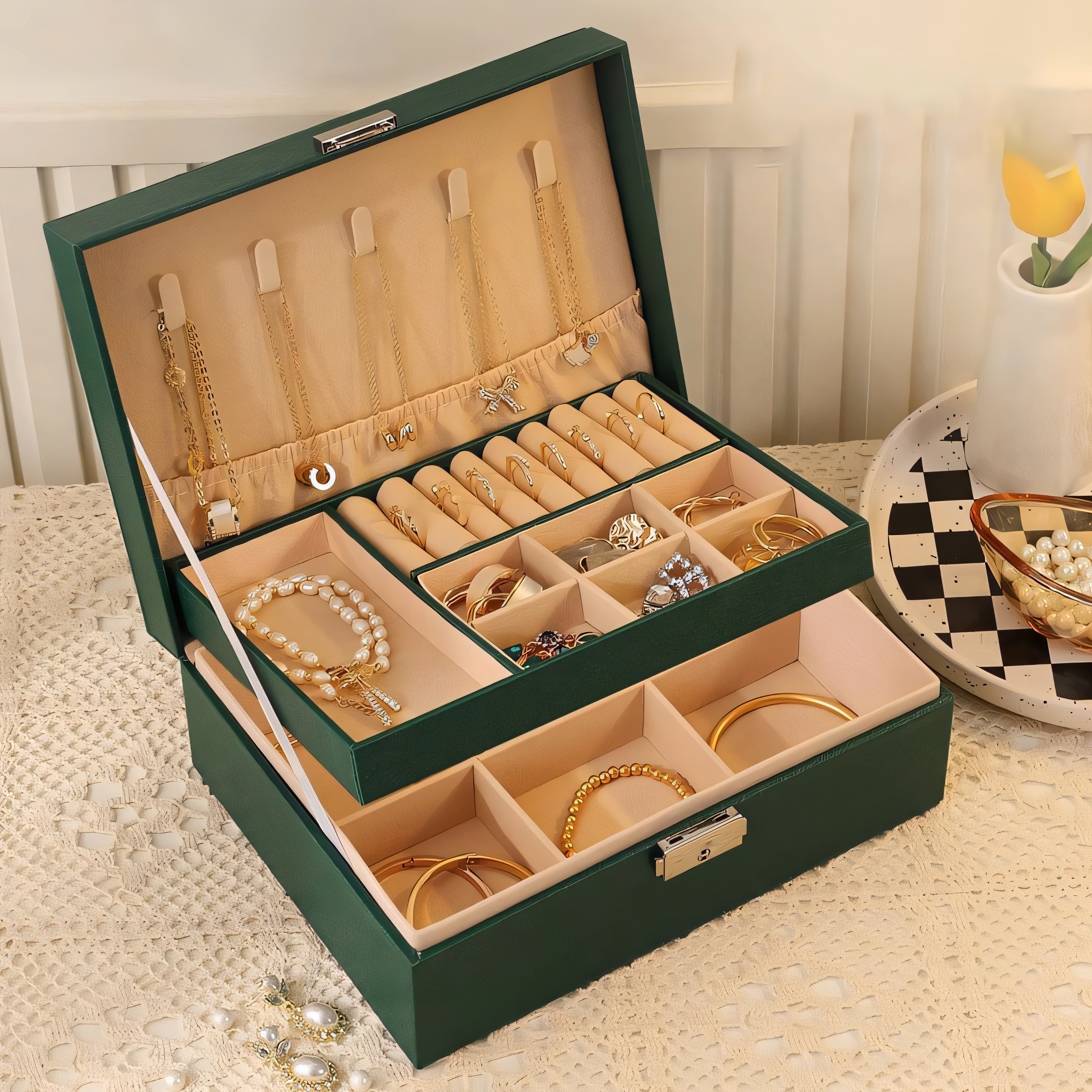 DESIGNICE Jewelry Organizer,Modular Design Allows Storage Expansion Jewelry Box Organizer,Dedicated Ring Slots for Safekeeping Jewelry Organizer Box,Green