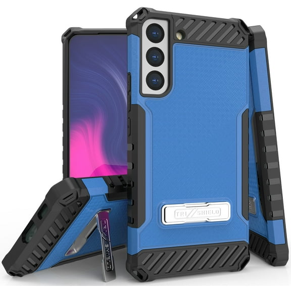 Tri-Shield Series for Samsung Galaxy S22 Plus 5G Case, Tri-Shield [Military Grade] Rugged Cover with Metal Kickstand [Includes Wrist Strap Lanyard] - Blue