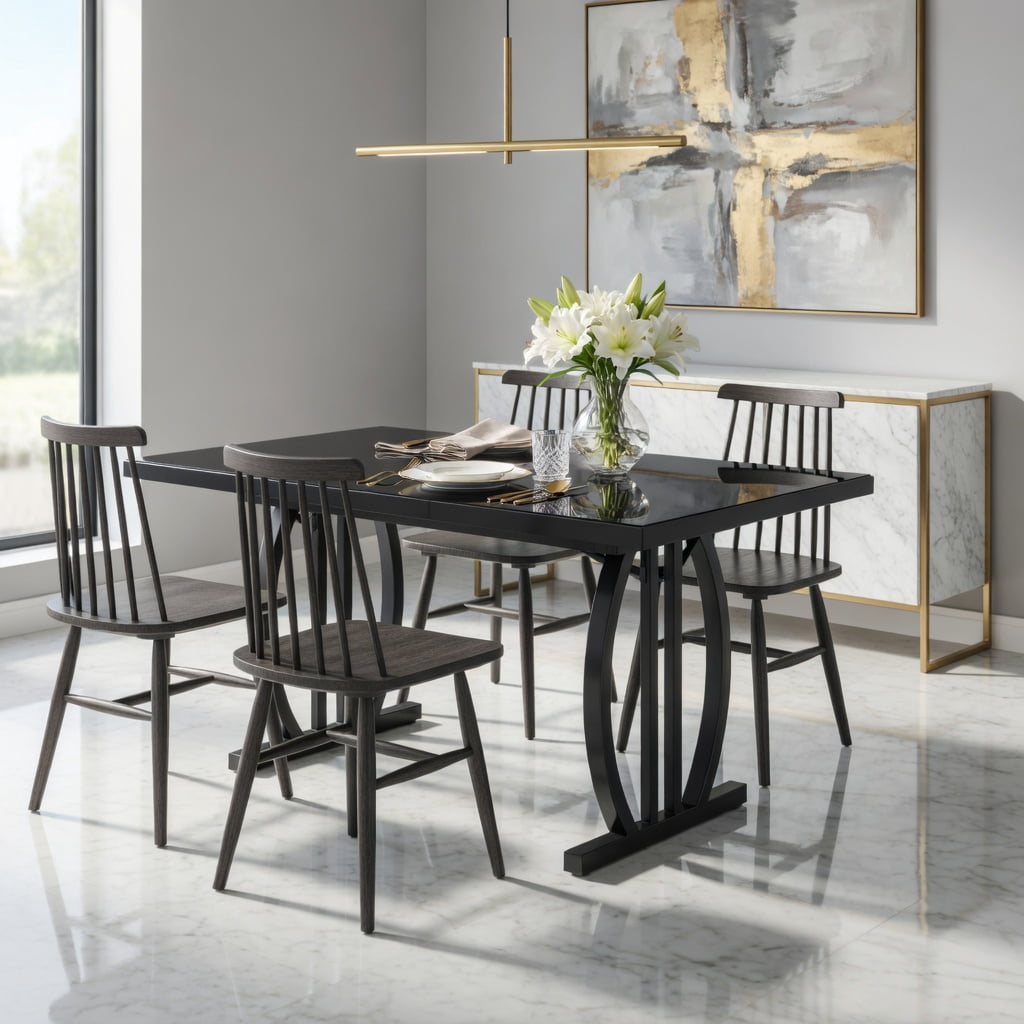 Hommoo 63 Inch Modern Dining Table for 4-6 People, Sleek Metal Frame Rectangular Kitchen Table with MDF Top, Black