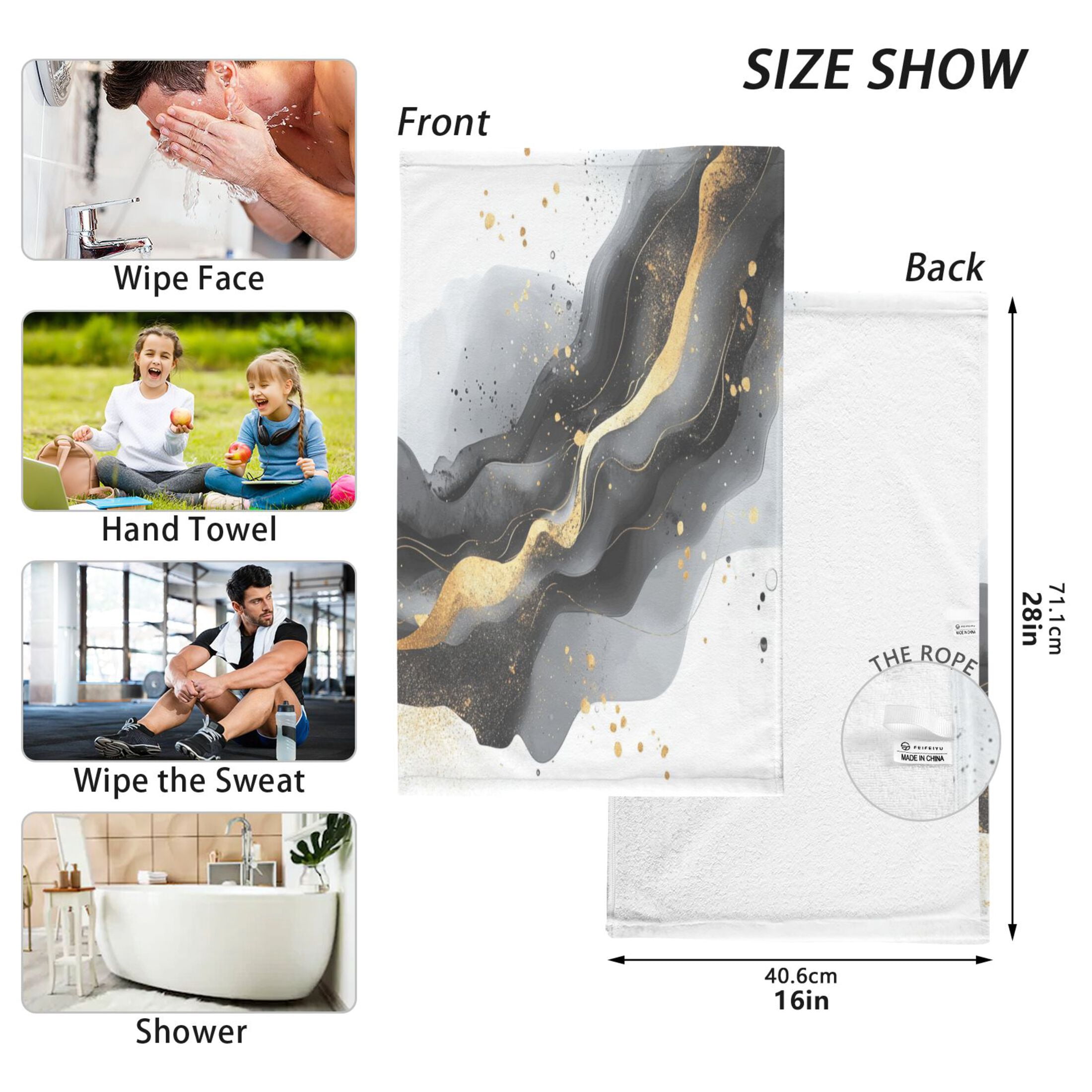 2 Pcs Absorbent Face Towel Bath Hand Towels Soft Breathable Cotton Towel Set for Bathroom Kitchen Hotel Spa Decor Black and Gold Shapes