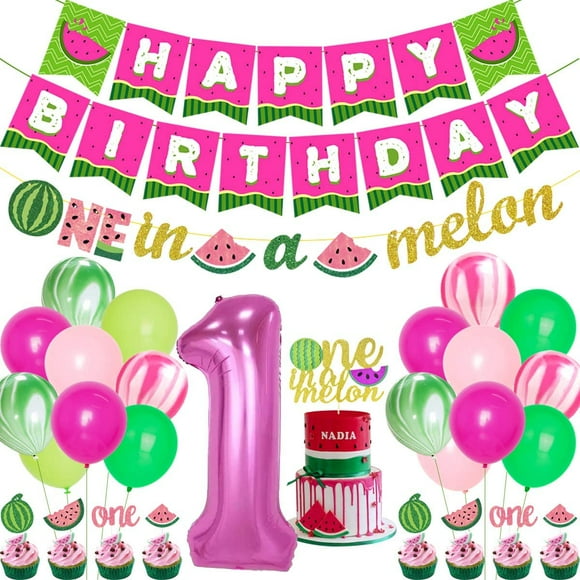 One in a Melon Birthday Decorations for Girl Banner Cupcake Toppers, Watermelon 1st Birthday Decorations Happy Birthday Banner for Summer Fruit Theme Watermelon Sugar Birthday Party Supplies