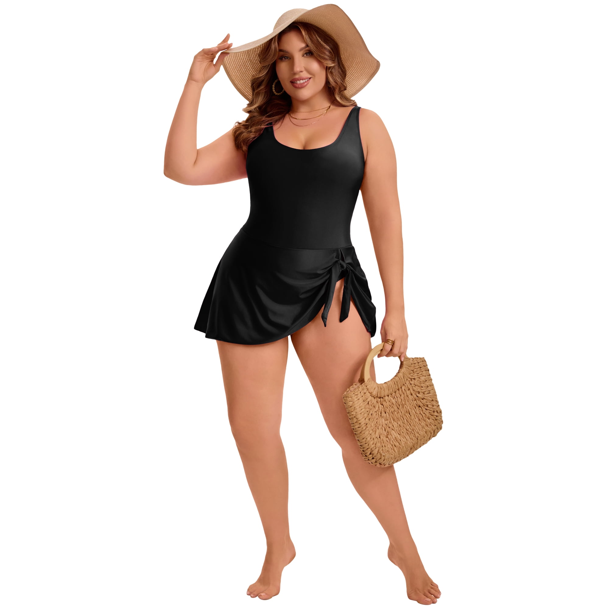 DARING DIVA Women's Plus 1 Piece Tummy Control Push Swimdress 3X Black