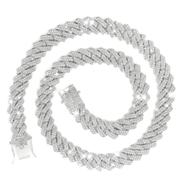 ULJ 14mm Prong Miami Cuban Link Chain Iced Out Necklace Silver Color Bling Rhinestones for Women Man Hip Hop Jewelry