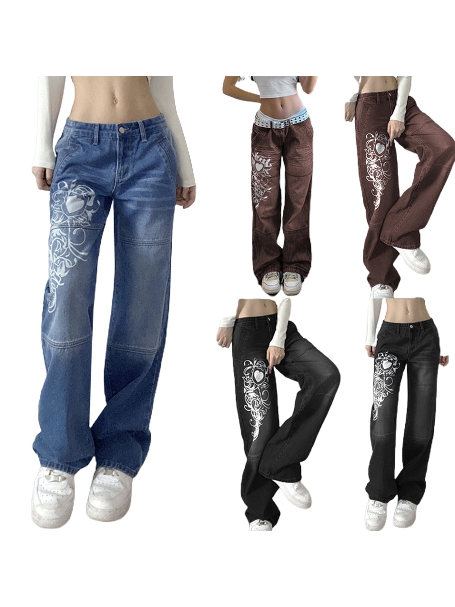 xkwyshop Women's Y2K Fashion Wide Leg High Waist Denim Pants Boyfriend  Jeans Loose Fit Baggy Jeans for Teen Girls Black S