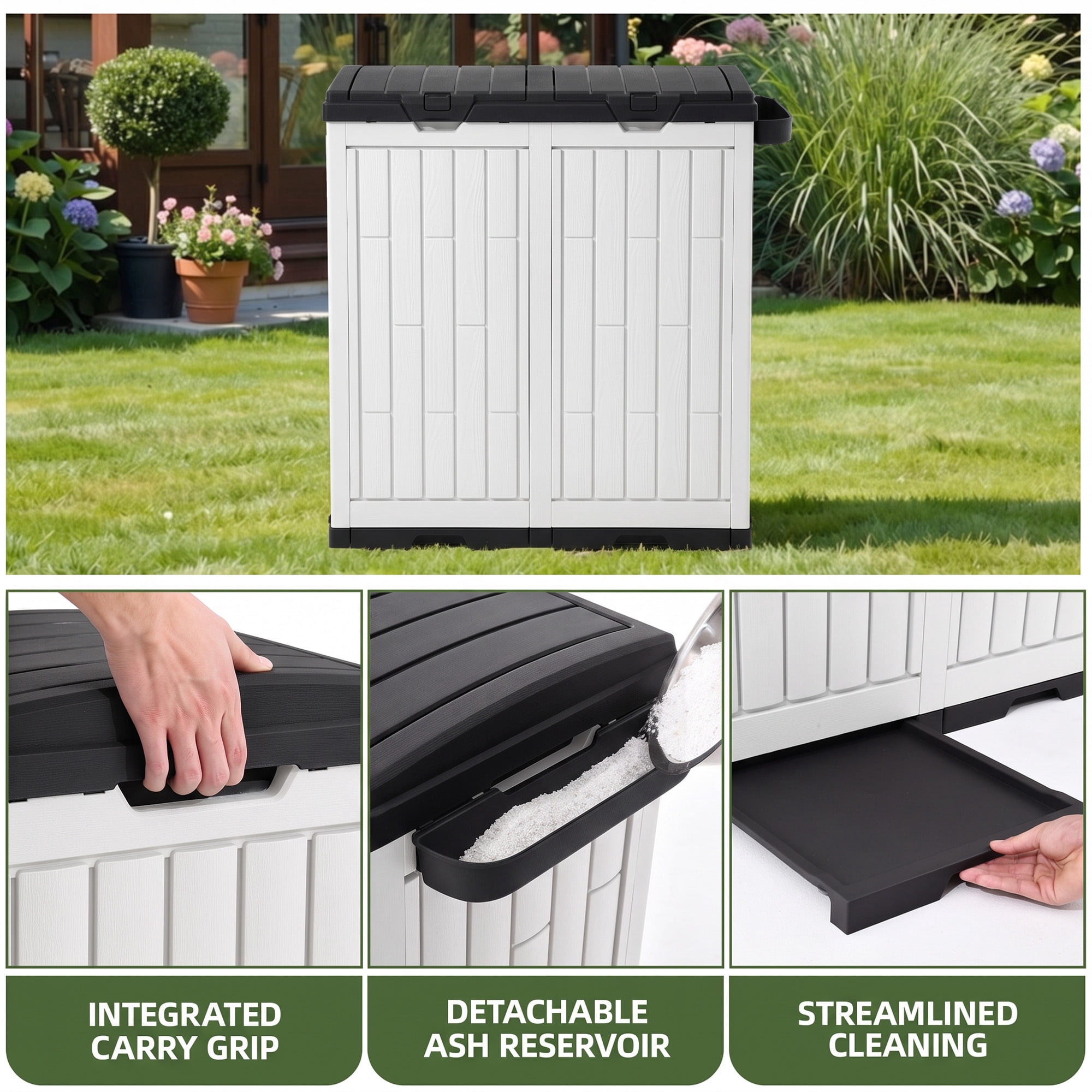 Uforic 76 Gallon Outdoor Trash Can, Resin Garbage Bin with Sorting Labels, Ash Holder, Lid, Stakes & Suction Cups for Patio Backyard Garden, White