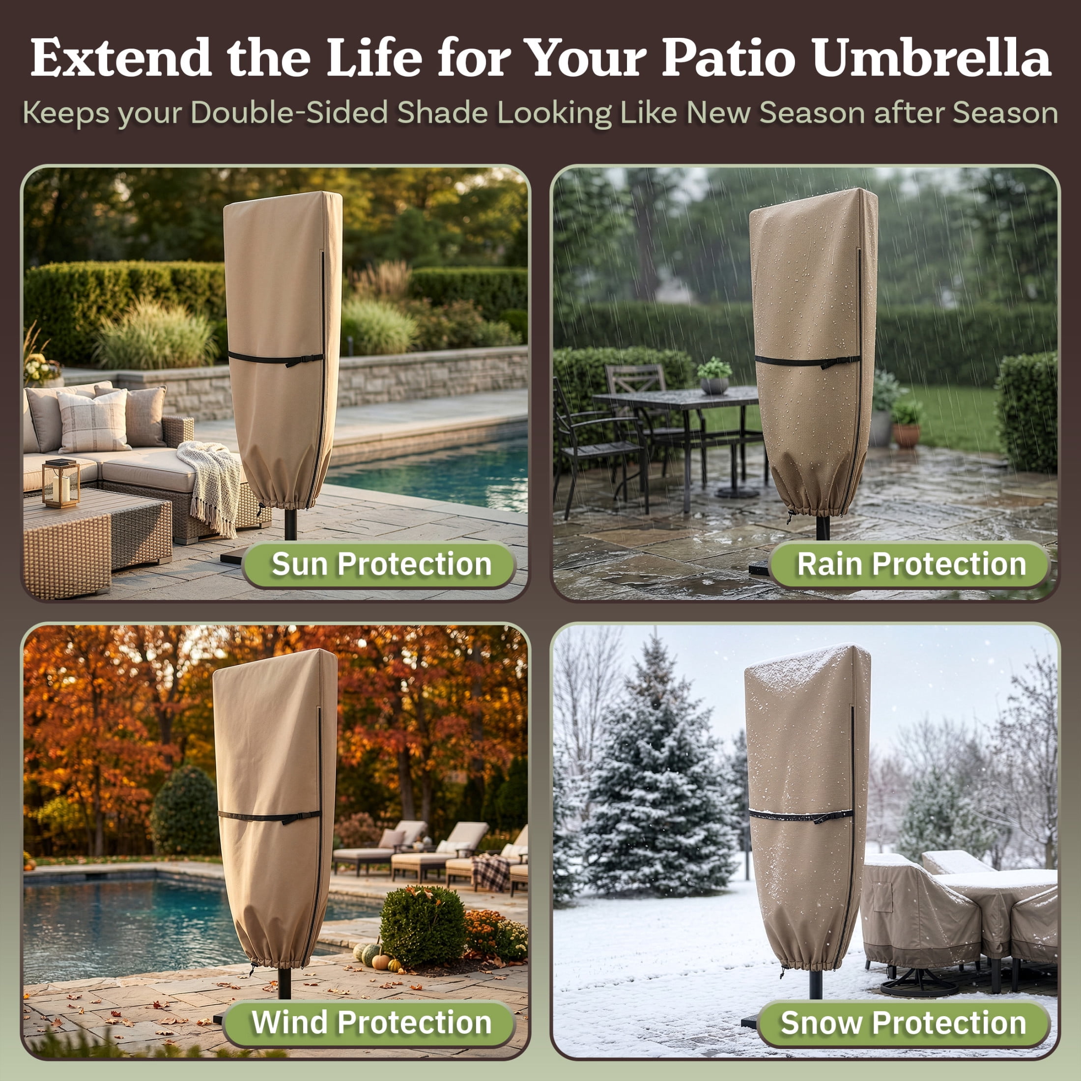 Pure Garden Waterproof Large Umbrella Cover for 15ft Double Sided Outdoor Umbrella, Tan