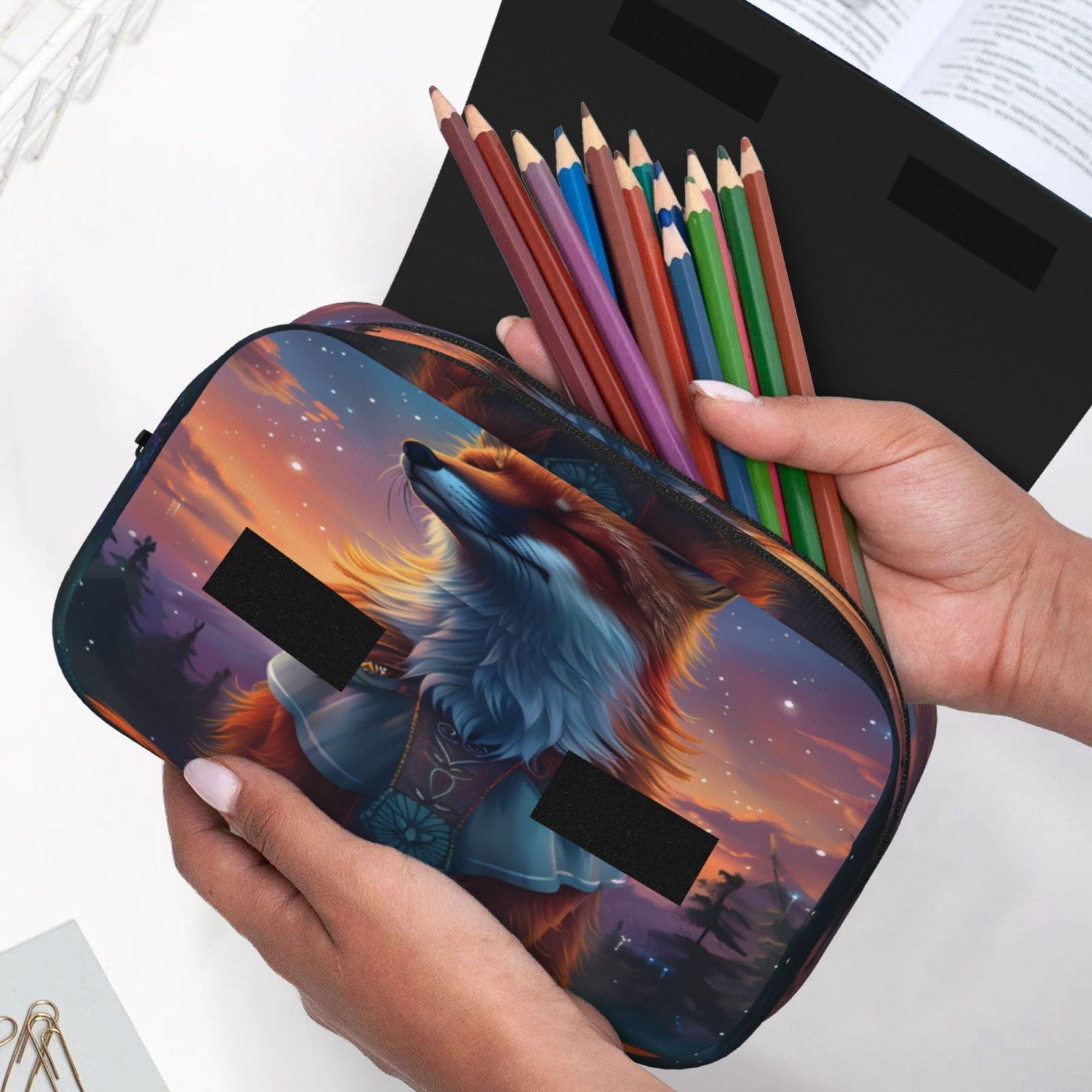 Rateoe Starry Sky Meditating Fox Pattern Double Clamshell Pen Case, Storage Organizer with Two Zipper Compartments– Holds Up to 50 Pencils & Pens