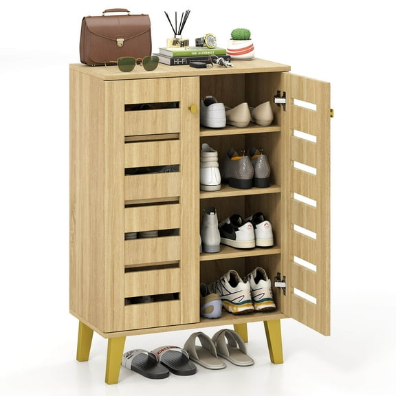Costway 4-Tier Wooden Shoe Storage Cabinet with Doors Removable Shelves for Entryway